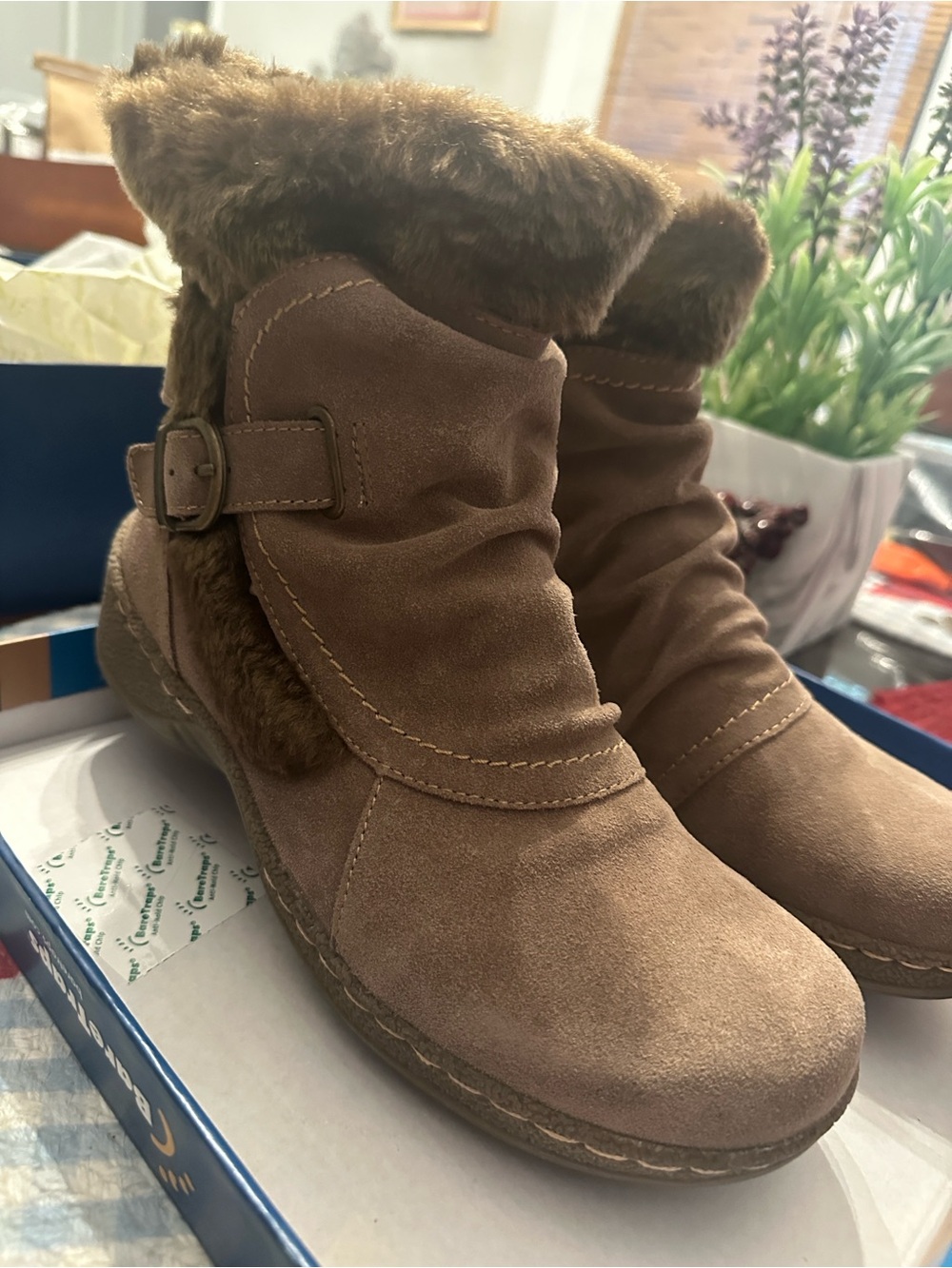 NEW BARE TRAP Women's Taupe Suede Ankle Boots with Fur Trim